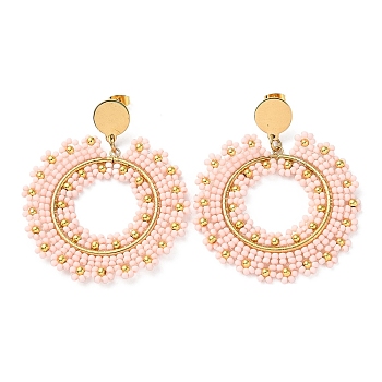 Woven Glass & Brass Beaded Donut Dangle Stud Earrings, with Vacuum Plating 304 Stainless Steel Pins, Misty Rose, 60x49mm