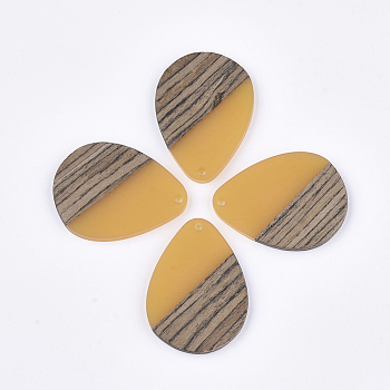Resin & Walnut Wood Pendants, Teardrop, Gold, 36x26.5x3~4mm, Hole: 2mm