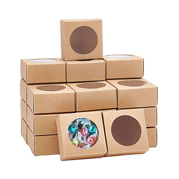 Kraft Paper Gift Box, Folding Box with Window, Rectangle, Tan, Round Pattern, 6.3x6.3x3cm