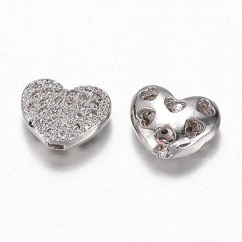 Brass Micro Pave Cubic Zirconia Beads, Heart, Hollow, Clear, Platinum, 7x8.5x3.5mm, Hole: 1mm