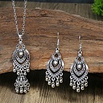 Bohemian Style Alloy & Rhinestone & Plastic Pearl Pendant Bell Tassel Necklaces & Dangle Earring, Antique Silver, Teardrop, 60x20mm & 420~480mm(FS-WGA0D62-02)