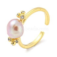 Natural Pearl Open Cuff Ring, Brass Finger Ring with Cubic Zirconia, Real 14K Gold Plated, Inner Diameter: 17mm(RJEW-H220-29G)