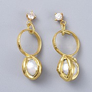 Brass Dangle Stud Earrings, with Pearl Beads, Rhinestone and Ear Nuts, Round, Golden, 50~52mm, Pin: 0.8mm(EJEW-E249-31A)
