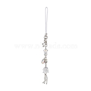 Glass Beads Pendant Mobile Straps, Tibetan Style Alloy Flat Round Carved Vortex Beads and Zinc Alloy Lobster Claw Clasps, White, 140mm(HJEW-JM01807-01)