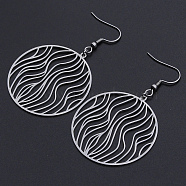 201 Stainless Steel Dangle Earrings, Flat Round, Stainless Steel Color, 61mm, Pin: 0.6mm(STAS-S105-JN604-1)