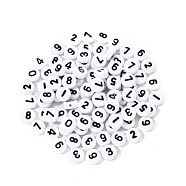 White Opaque Acrylic Beads, Flat Round with Black Number, 7x3.5mm, Hole: 1.2mm, about 100pcs/bag.(SACR-YW0001-16B)