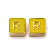 304 Stainless Steel Enamel Beads, Real 14K Gold Plated, Square with Letter, Letter R, 8x8x4mm, Hole: 2mm(STAS-L022-293G-R)