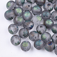 Autumn Theme Electroplate Transparent Glass Beads, Frosted, Round with Maple Leaf Pattern, Cadet Blue, 10mm, Hole: 1.5mm(EGLA-S178-01-01B)