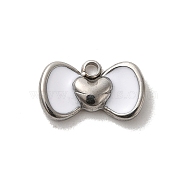 304 Stainless Steel Enamel Charms, Bowknot with Heart Charm, Stainless Steel Color, White, 6x10x2mm, Hole: 1.2mm(STAS-B074-06P-02)