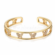 Brass Micro Pave Clear Cubic Zirconia Cuff Bangles, Nickel Free, Butterfly, Real 16K Gold Plated, Inner Diameter: 2-1/4 inch(5.6cm)(BJEW-N302-001-NF)