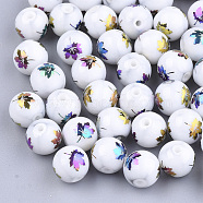 Autumn Theme Electroplate Glass Beads, Round with Maple Leaf Pattern, Colorful, 8~8.5mm, Hole: 1.5mm(EGLA-S178-10E)