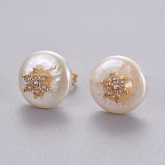 Natural Pearl Stud Earrings, with Brass Micro Pave Cubic Zirconia Findings, Flat Round with Flower, Long-Lasting Plated, with Ear Nuts, Golden, Clear, 12mm, Pin: 0.8mm(EJEW-L231-01A)