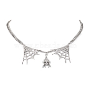 304 Stainless Steel Curb Necklaces, 201 Stainless Steel & Alloy Spider Wdb Pendant NeckLaces , Stainless Steel Color, 15.94 inch(40.5cm)(NJEW-TA00145)