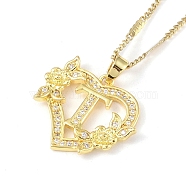 304 Stainless Steel Heart Pendant Necklaces with Cubic Zirconia, Letter Charms, Letter T, 16.54 inch(42cm)(NJEW-H029-01G-T)