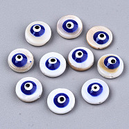 Natural Freshwater Shell Beads, with Enamel, Flat Round with Evil Eye, Blue, 9x4.5mm, Hole: 0.8mm(SHEL-T018-10F)