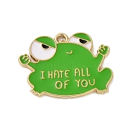 Zinc Alloy Enamel Pendants, Cadmium Free & Nickel Free & Lead Free, Gloden, Frog with Word I Hate all of you Charm, Lime Green, 23x24.5x1mm, Hole: 1.4mm(PALLOY-Q451-03G-04)