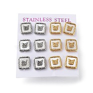 6 Pair 2 Color Square & Butterfly Natural Shell Stud Earrings, 304 Stainless Steel Earrings, Golden & Stainless Steel Color, 13x12mm, 3 Pair/color(EJEW-A024-04)