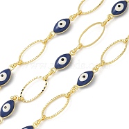 Rack Plating Brass Enamel Link Chains, Long-Lasting Plated, Unwelded, Real 18K Gold Plated, Oval with Evil Eye, Marine Blue, 13~13.5x5~7x0.8~4mm(CHC-P012-11G-03)