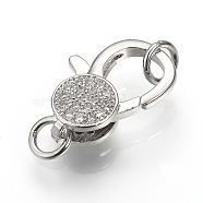 Brass Micro Pave Cubic Zirconia Lobster Claw Clasps, Platinum, 15~16x10~11x4.5mm, Hole: 3mm(ZIRC-S058-21P)