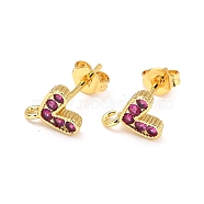 Brass Micro Pave Cubic Zirconia Stud Earrings Finding, with Loop, Real 18K Gold Plated, Heart, Fuchsia, 8.2x7.3mm, Hole: 1.2mm, Pin: 0.9mm(X-ZIRC-D120-04G-01)