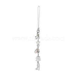 Glass Beads Pendant Mobile Straps, Tibetan Style Alloy Flat Round Carved Vortex Beads and Zinc Alloy Lobster Claw Clasps, White, 140mm(HJEW-JM01807-01)