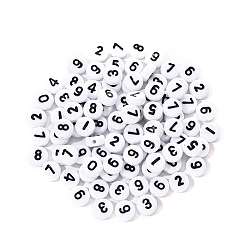 White Opaque Acrylic Beads, Flat Round with Black Number, 7x3.5mm, Hole: 1.2mm, about 100pcs/bag.(SACR-YW0001-16B)