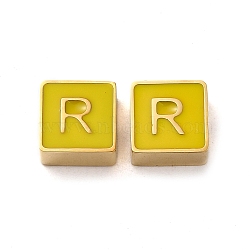 304 Stainless Steel Enamel Beads, Real 14K Gold Plated, Square with Letter, Letter R, 8x8x4mm, Hole: 2mm(STAS-L022-293G-R)