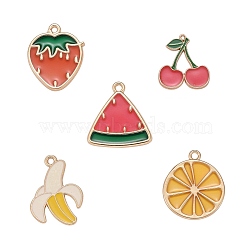 15Pcs 5 Style Light Gold Plated Fruit Theme Alloy Enamel Pendants, Strawberry & Lemon & Watermelon Slice & Banana & Cherry Shape, Mixed Color, 15pcs/box(ENAM-ZZ0001-06)