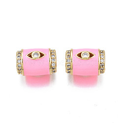 Brass Micro Pave Clear Cubic Zirconia European Beads, with Enamel, Large Hole Beads, Nickel Free, Real 18K Gold Plated, Column with Eye, Hot Pink, 16x11.5mm, Hole: 6.5mm(ZIRC-N039-220A)