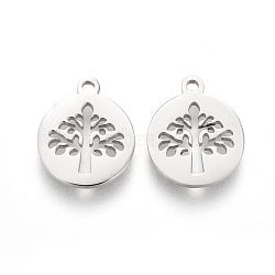 304 Stainless Steel Charms, Laser Cut, Flat Round with Tree of Life, Stainless Steel Color, 12x10x1mm, Hole: 1.2mm(STAS-I151-42P)