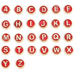 Alloy Enamel Beads, Flat Round with Letter, Light Gold, Red, 8x3.5mm, Hole: 1.4mm, 100pcs/bag(ENAM-CJC0008-02A)