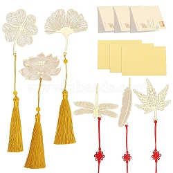 PandaHall Elite 6 Styles Brass Bookmarks, with Polyester Ribbon, Paper Letter Paper & Envelope, Dragonfly & Feather & Maple Leaf & Ginkgo Leaf & Clover & Lotus, Golden, 110mm, 1set/bag(AJEW-PH0003-47)