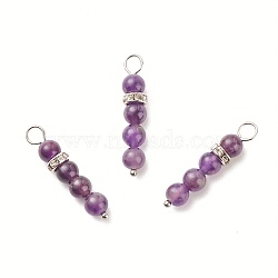 10Pcs Natural Amethyst Pendants, Round Beaded Links with 304 Stainless Steel Rhinestone Findings, 30x6.5mm, Hole: 3.3mm(PALLOY-JF01425-06S)