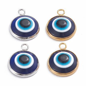 Resin Pendants, with 304 Stainlesss Steel Settings, Evil Eye, Black & Blue, Mixed Color, 19.5x16x5.5mm, Hole: 2.4mm