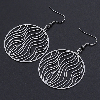 201 Stainless Steel Dangle Earrings, Flat Round, Stainless Steel Color, 61mm, Pin: 0.6mm