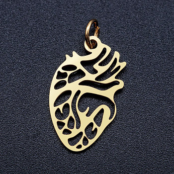 201 Stainless Steel Pendants, Anatomical Organ Heart Shape, with Unsoldered Jump Rings, Golden, 20x12x1mm, Hole: 3mm, Jump Ring: 5x0.8mm