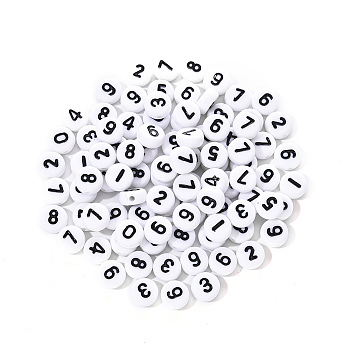 White Opaque Acrylic Beads, Flat Round with Black Number, 7x3.5mm, Hole: 1.2mm, about 100pcs/bag.