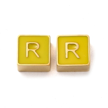 304 Stainless Steel Enamel Beads, Real 14K Gold Plated, Square with Letter, Letter R, 8x8x4mm, Hole: 2mm
