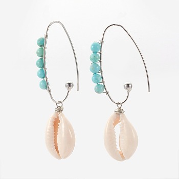 Cowrie Shell Dangle Earrings, with Synthetic Turquoise Round Beads and Brass Earring Hooks, Platinum, 63~66mm, Pin: 0.9mm