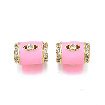 Brass Micro Pave Clear Cubic Zirconia European Beads, with Enamel, Large Hole Beads, Nickel Free, Real 18K Gold Plated, Column with Eye, Hot Pink, 16x11.5mm, Hole: 6.5mm