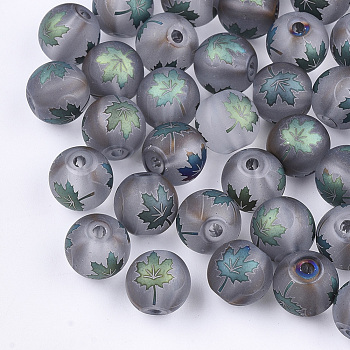 Autumn Theme Electroplate Transparent Glass Beads, Frosted, Round with Maple Leaf Pattern, Cadet Blue, 10mm, Hole: 1.5mm