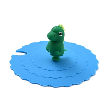 Dinosaur Food Grade Silicone Cup Cover Lid, with A Notch, Dust-Proof Lid for Cup, Deep Sky Blue, 105x44mm