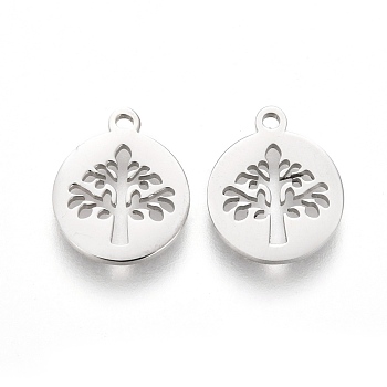 304 Stainless Steel Charms, Laser Cut, Flat Round with Tree of Life, Stainless Steel Color, 12x10x1mm, Hole: 1.2mm
