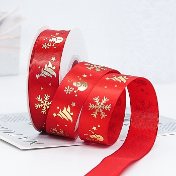 22M Flat Christmas Snowman Printed Polyester Satin Ribbons, Hot Stamping Ribbons, Red, 1 inch(25mm), about 24.06 Yards(22m)/Roll