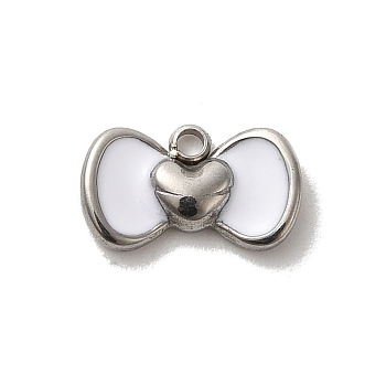 304 Stainless Steel Enamel Charms, Bowknot with Heart Charm, Stainless Steel Color, White, 6x10x2mm, Hole: 1.2mm