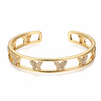 Brass Micro Pave Clear Cubic Zirconia Cuff Bangles, Nickel Free, Butterfly, Real 16K Gold Plated, Inner Diameter: 2-1/4 inch(5.6cm)