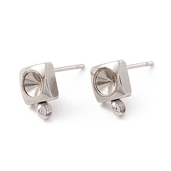 201 Stainless Steel Stud Earring Findings, with 316 Surgical Stainless Steel Pins and Vertical Loops, For Pointed Back Rhinestone, Square, Stainless Steel Color, 8.5x6mm, Hole: 1.6mm, Pin: 0.7mm, Tray: 4mm