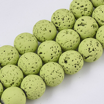 Spray Painted Natural Lava Rock Beads Strands, Round, Lime Green, 6~7mm, Hole: 0.7mm, about 59~62pcs/Strand, 15.75 inch(40cm)