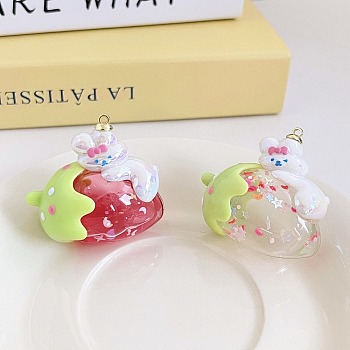 Opaque Acrylic Pendant, Strawberry with Rabbit, Mixed Color, 44x46x28mm