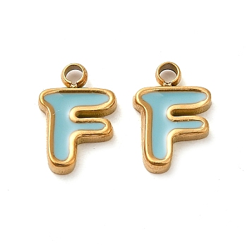 304 Stainless Steel Enamel Charms, Real 14K Gold Plated, Letter, Letter F, 8x5.5x1.3mm, Hole: 1.2mm